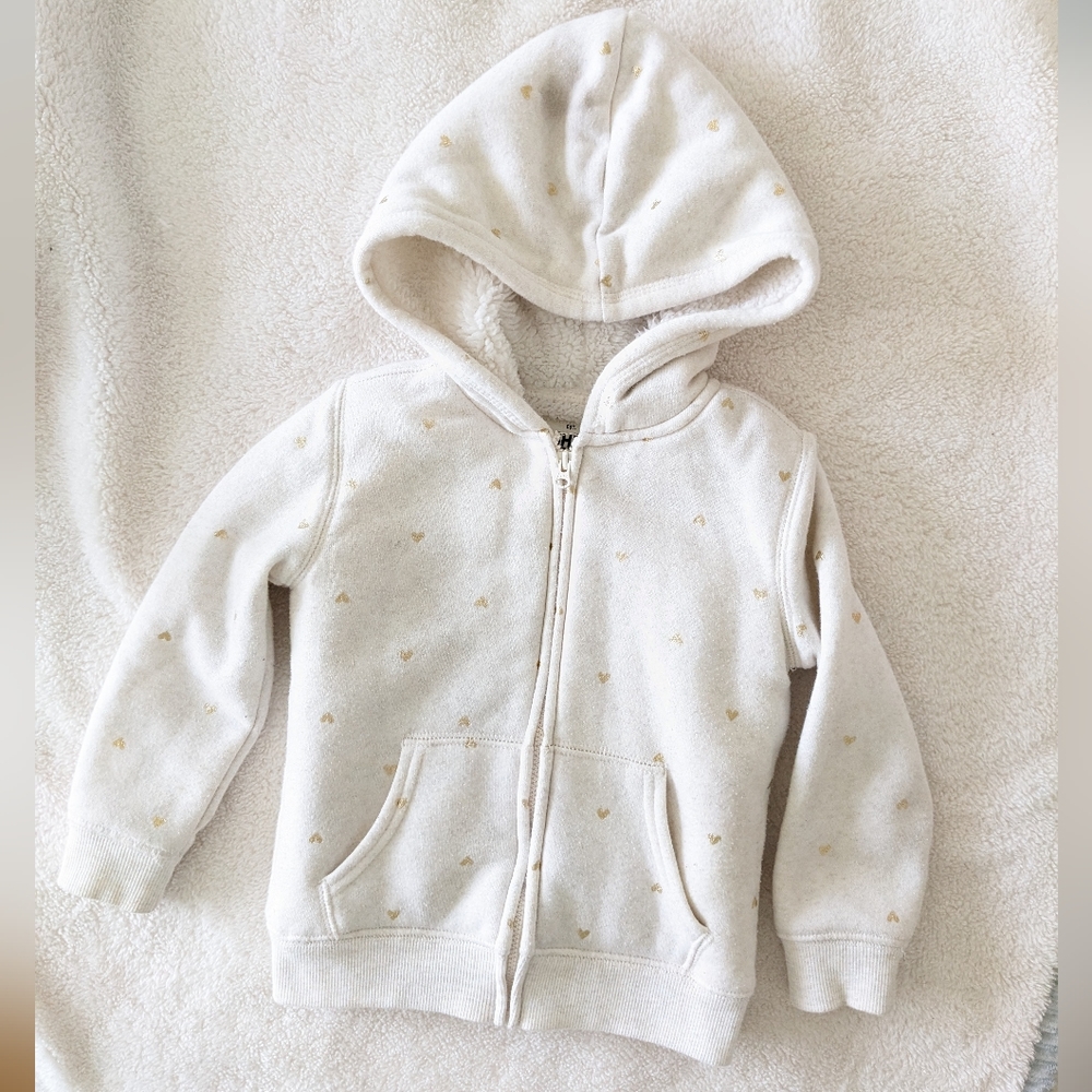 OshKosh B'gosh Off White Zip up Hoodie w/ little Gold Hearts. Size 3T